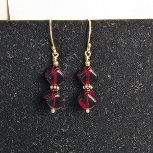 Hand-made deep red glass “dice” on sterling silver ear wires. New!